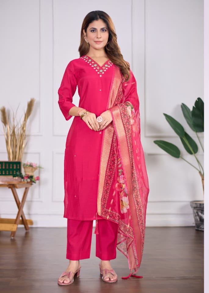 Rani Pink Embroidered 3-Piece Suit