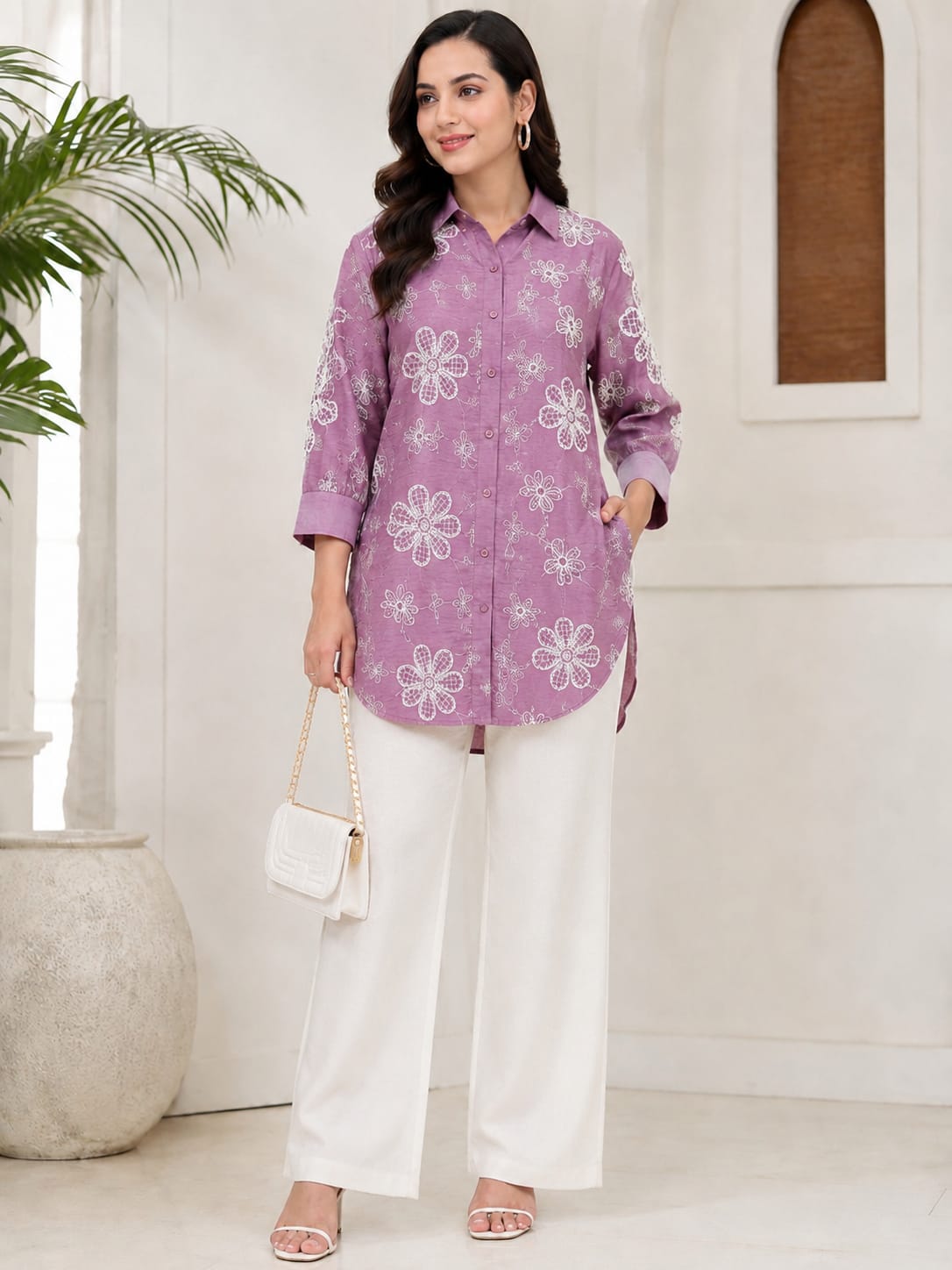 Mauve Floral Embroidered Shirt & Palazzo Set