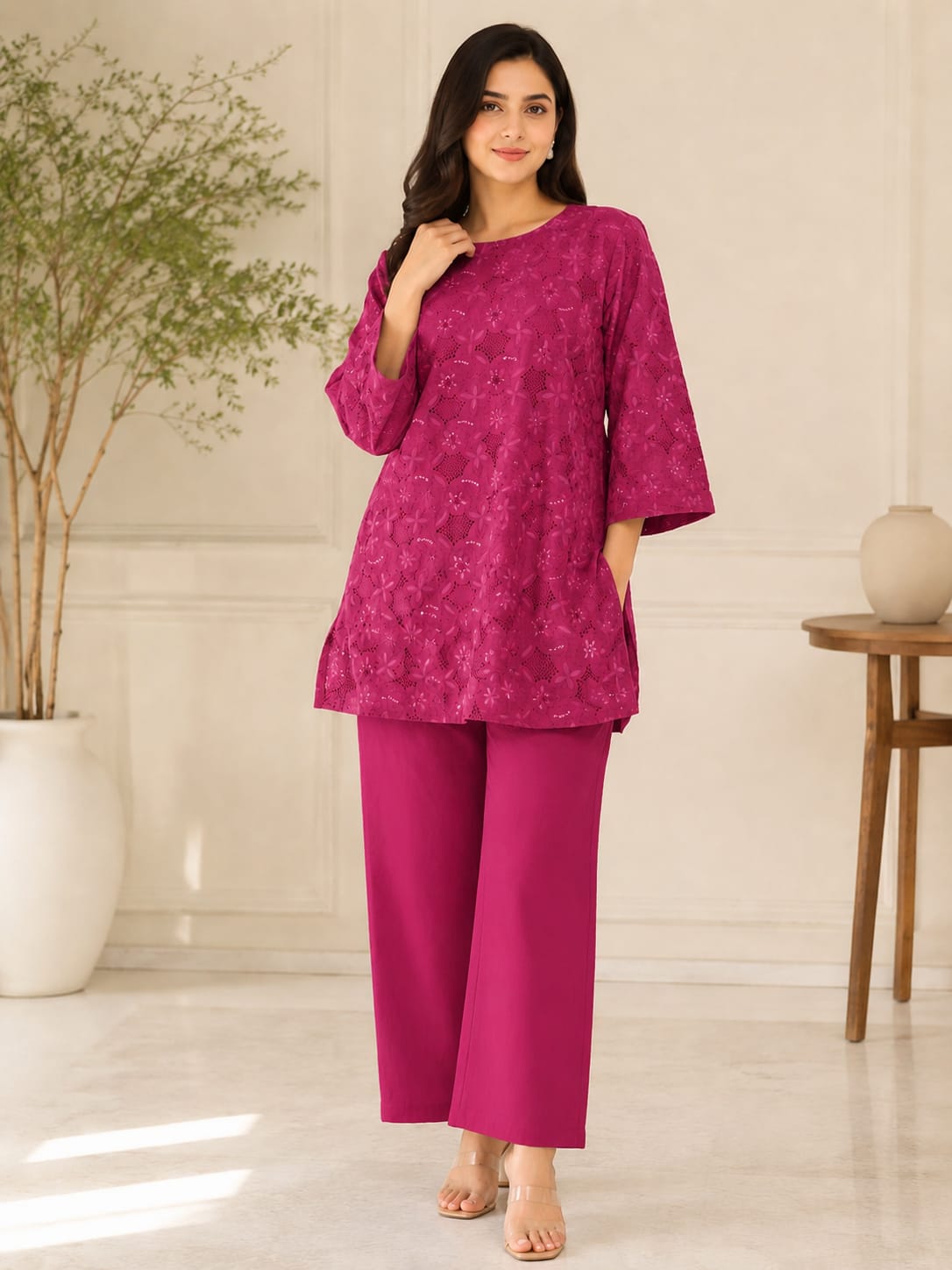 Rani Pink Chikankari Co-ord Set