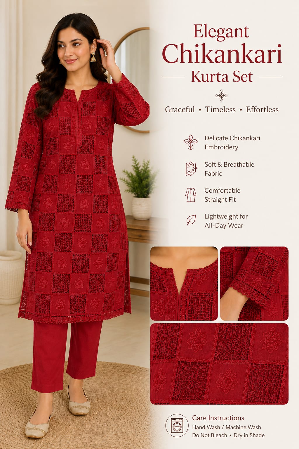 Elegant Red Chikankari Kurta Set
