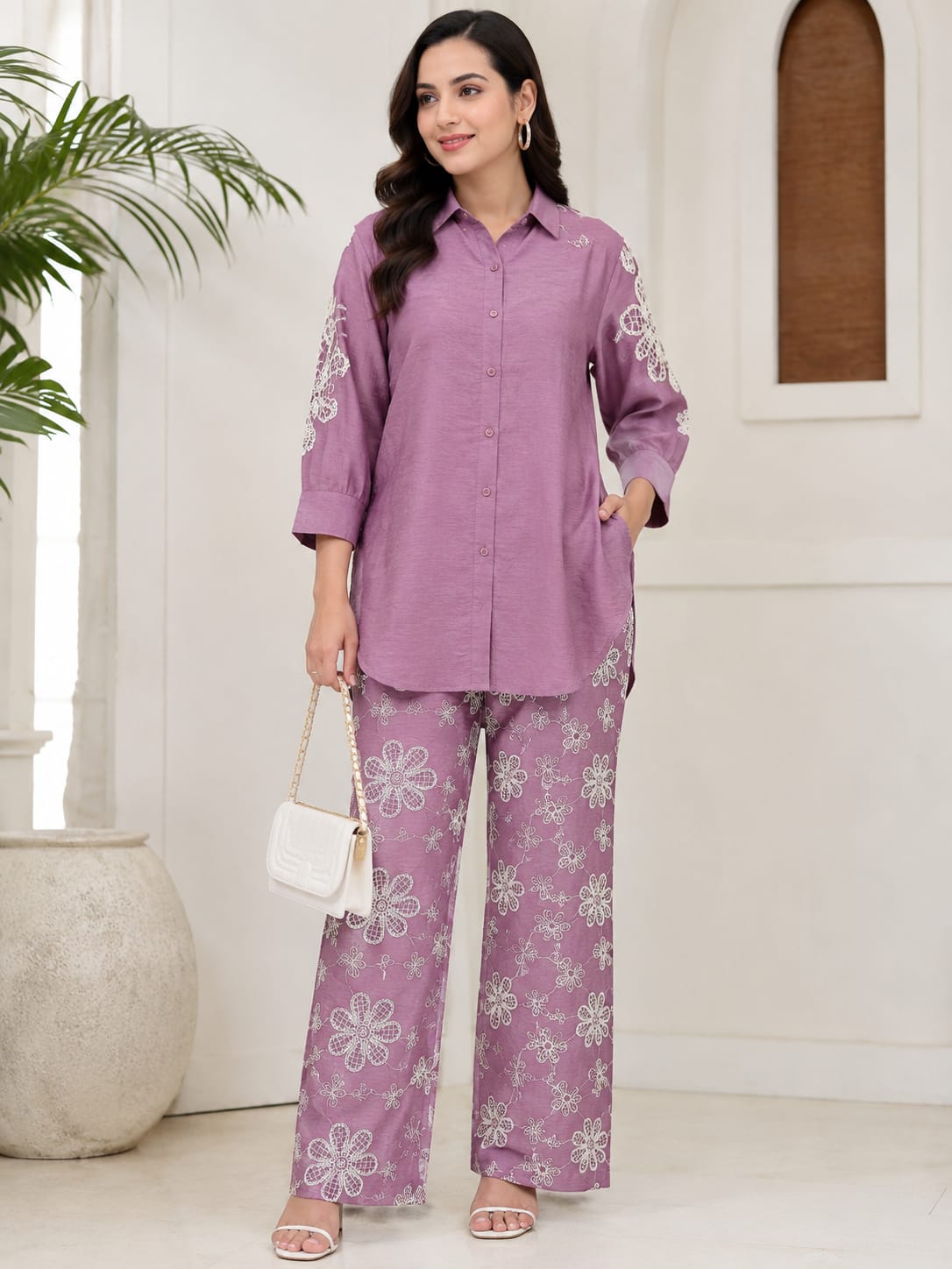 Mauve Shirt & Embroidered Palazzo Co-ord